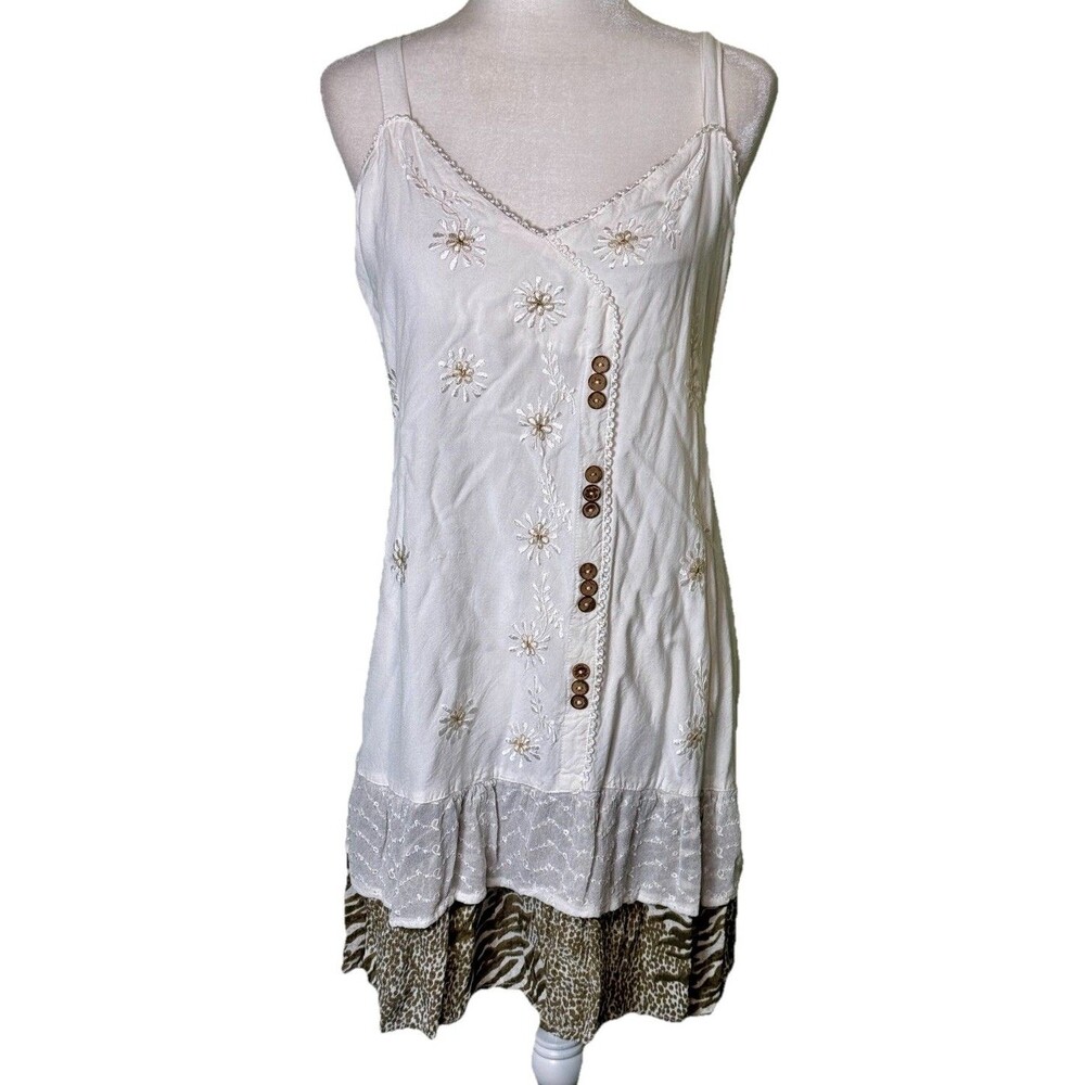 Women Boho Embroidered Slip Dress‎ Tiered Hem Floral Sleeveless Whimsical Sz Sm